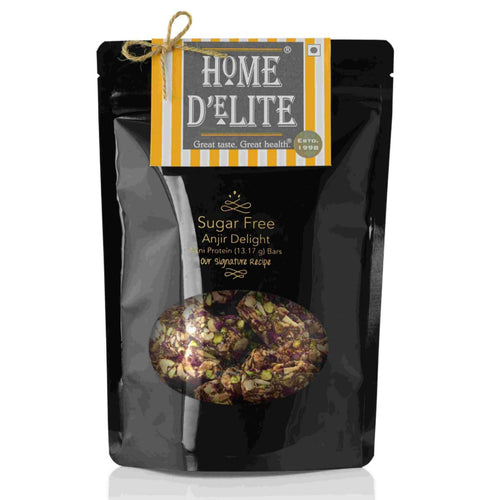 Home Delite Healthy Food Snacks Anjir Delight Sugar free mini protein bars made with dried figs, almonds, pistachio, and cashew nuts.