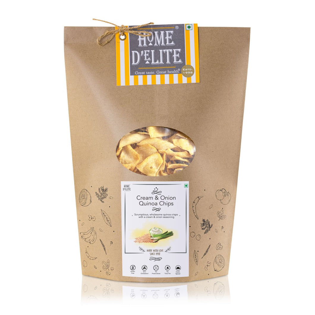 Home Delite Healthy Food Snacks Cream Onion Quinoa Chips Scrumptious, wholesome quinoa crisps with a cream & onion seasoning Your perfect snacking companion