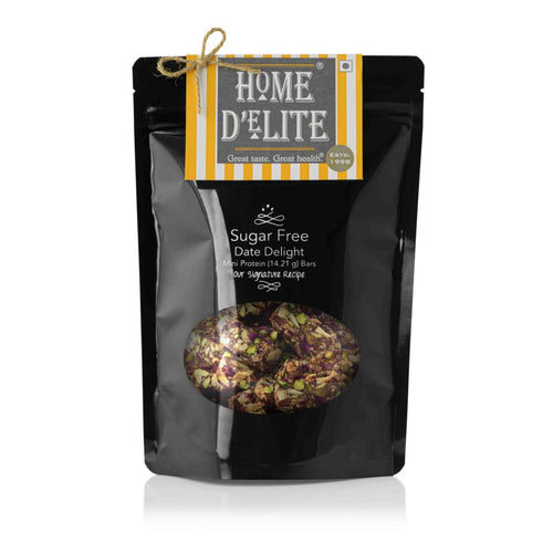Home Delite Healthy Food Snacks Date Delight Sugar free mini protein bars made with black dates, almonds, pistachio and cashew nuts