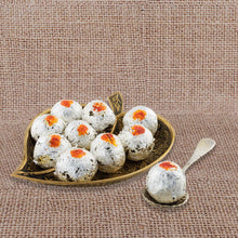 Load image into Gallery viewer, Sargam Mouth Fresheners Mukhwas Churan Digestive Kesariya pan gola silver coated spheres made with desicated coconut coconut powder dried dates and pure saffron with a filling of gulkand and pan paste an after meal delight which is also great for gifting
