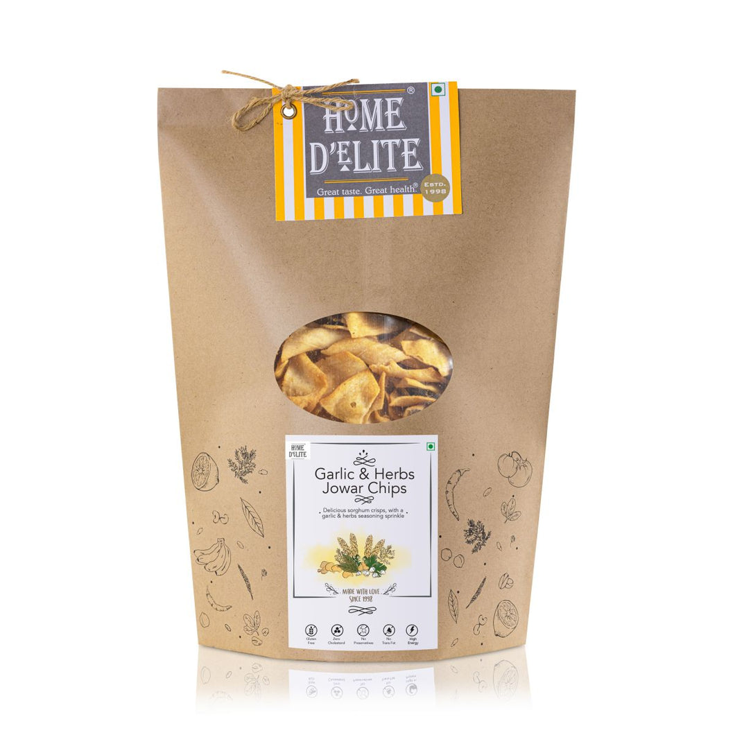 Home Delite Healthy Food Snacks Garlic & Herbs Jowar Chips Delicious sorghum chips with a garlic & herbs seasoning sprinkle Pair it with a plain hung curd or yogurt dip for a fresh snacking experience