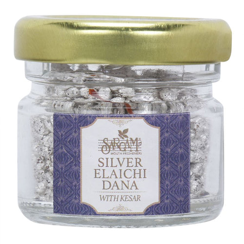 Sargam mouth fresheners mukhwas churan digestive silver elaichi dana with kesar Silver coated green cardamom seeds blended with pure saffron and aromatic spices, topped with saffron leaves. A regal experience.