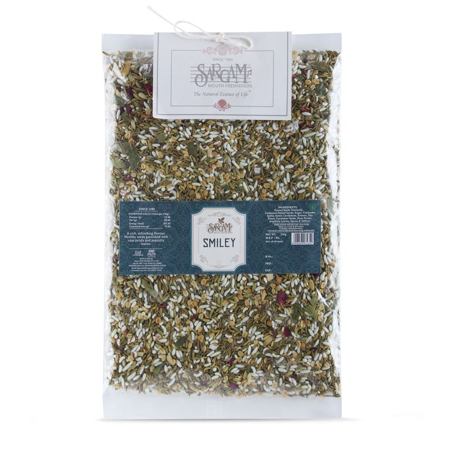 Sargam Mouth Fresheners Mukhwas Churan Digestive Smiley A sweet and minty mixture that will bring a smile to your face instantly! Healthy seeds garnished with rose petals and jequirity leaves with a rich, refreshing flavour.